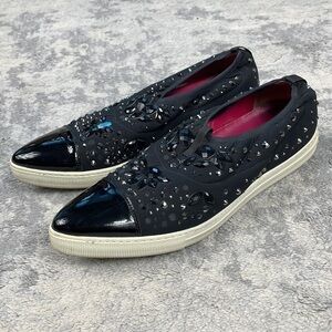 Alberto Guardiani Pull On Sneaker Patent Leather Cap Toe Jewel Studs Black 39